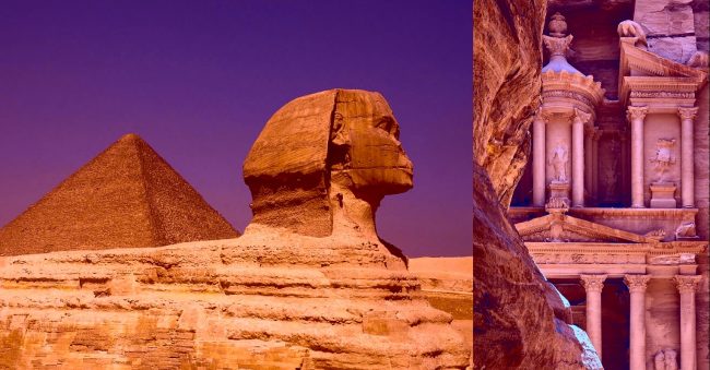 Sphinx, Cheops Pyramid and Petra. Photos: Giza - Kallerna on Wikimedia Commons. Petra -Edgardo W. Olivera on Flickr. Both photos passed through PS Express Filter. Creative Commons license 4.0